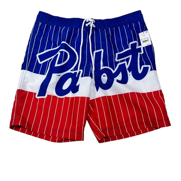 Pabst Blue Ribbon Other - Pabst Blue Ribbon Mens Pinstripe Swim Trunks Blue Red White Medium NEW